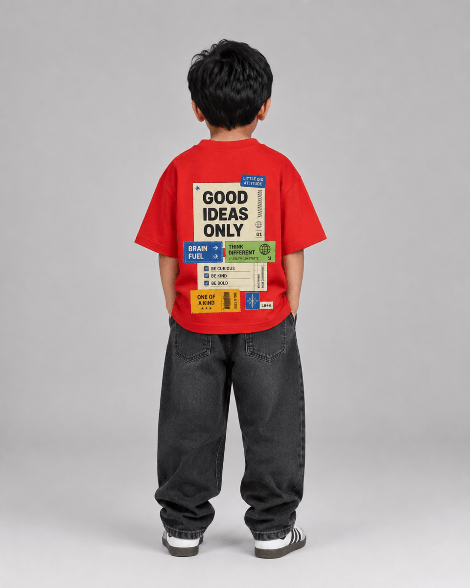 Boys oversized graphic t-shirt in red, Good Ideas Only print, Bold Cub Korean streetwear - back