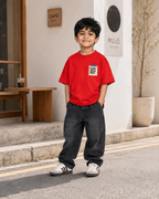 Boys oversized graphic t-shirt in red, Good Ideas Only print, Bold Cub Korean streetwear - lifestyle shot