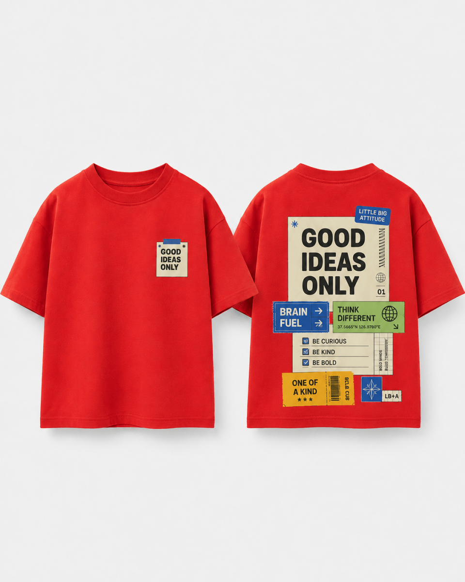 Boys oversized graphic t-shirt in red, Good Ideas Only print, Bold Cub Korean streetwear - flat lay
