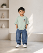 Boys oversized graphic t-shirt in terracotta, Good Ideas Only print, Bold Cub Korean streetwear - lifestyle shot