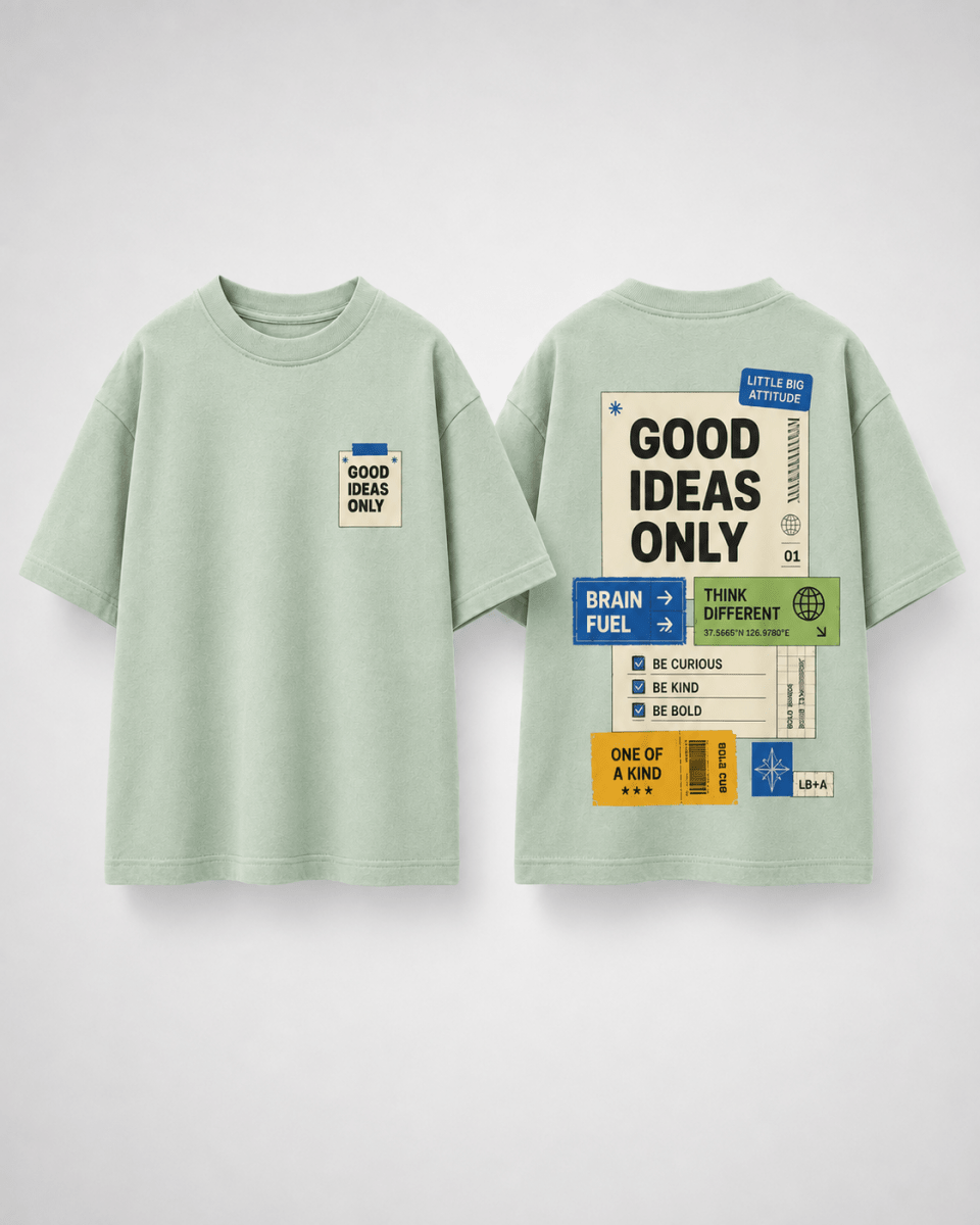 Boys oversized graphic t-shirt in terracotta, Good Ideas Only print, Bold Cub Korean streetwear - flat lay