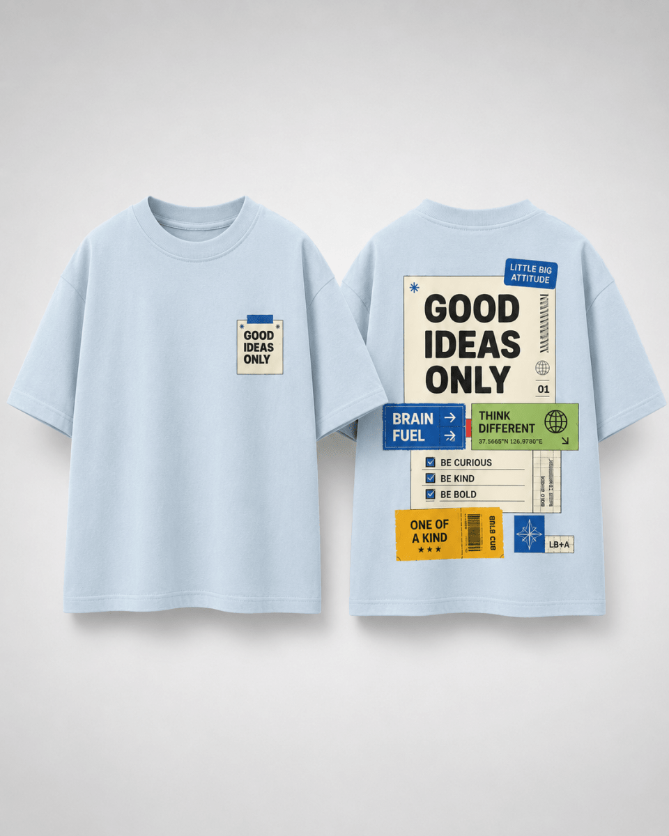 Boys oversized graphic t-shirt in sky blue, Good Ideas Only print, Bold Cub Korean streetwear - flat lay