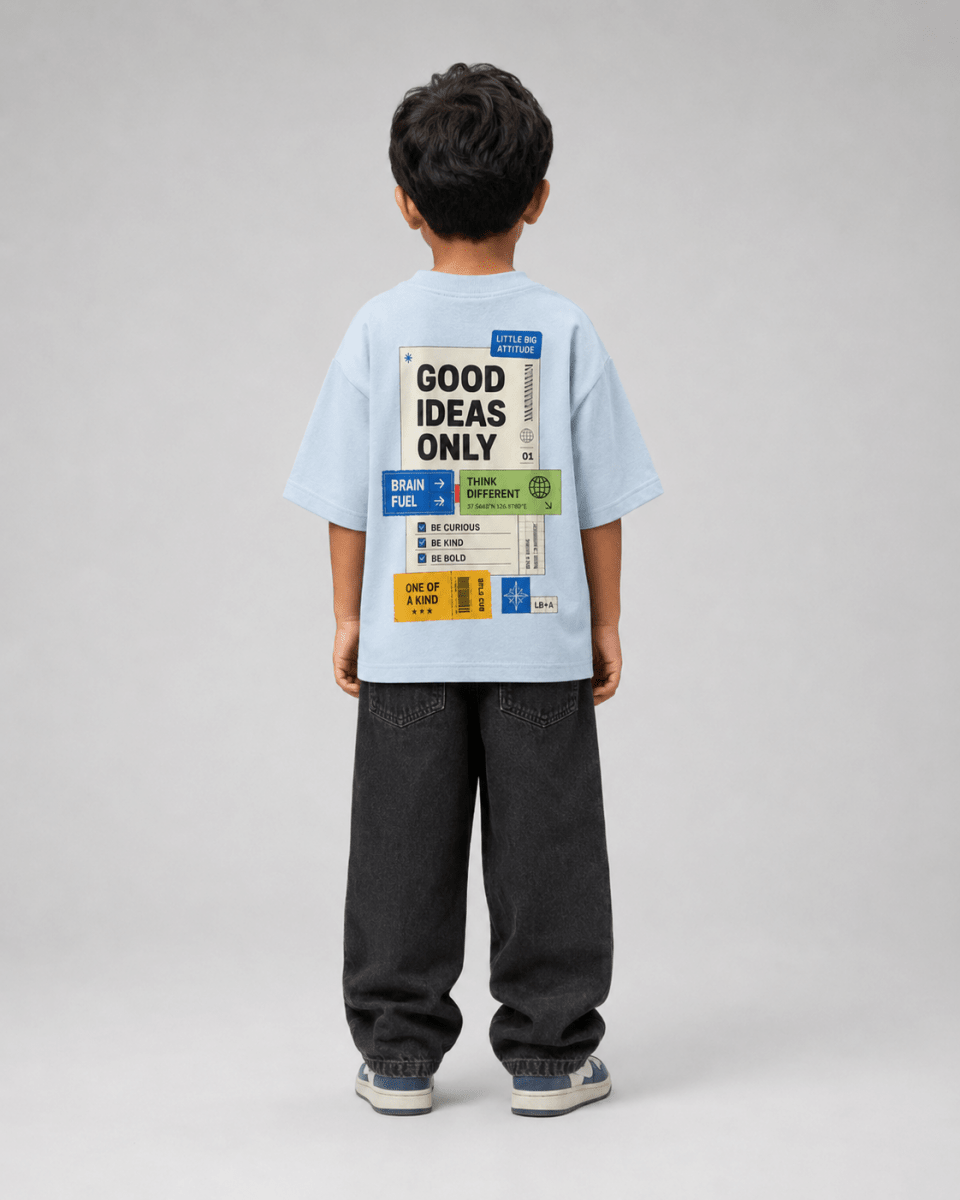 Boys oversized graphic t-shirt in sky blue, Good Ideas Only print, Bold Cub Korean streetwear - back