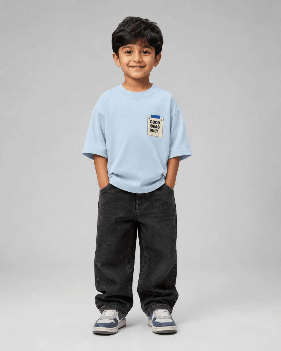 Boys oversized graphic t-shirt in sky blue, Good Ideas Only print, Bold Cub Korean streetwear - front