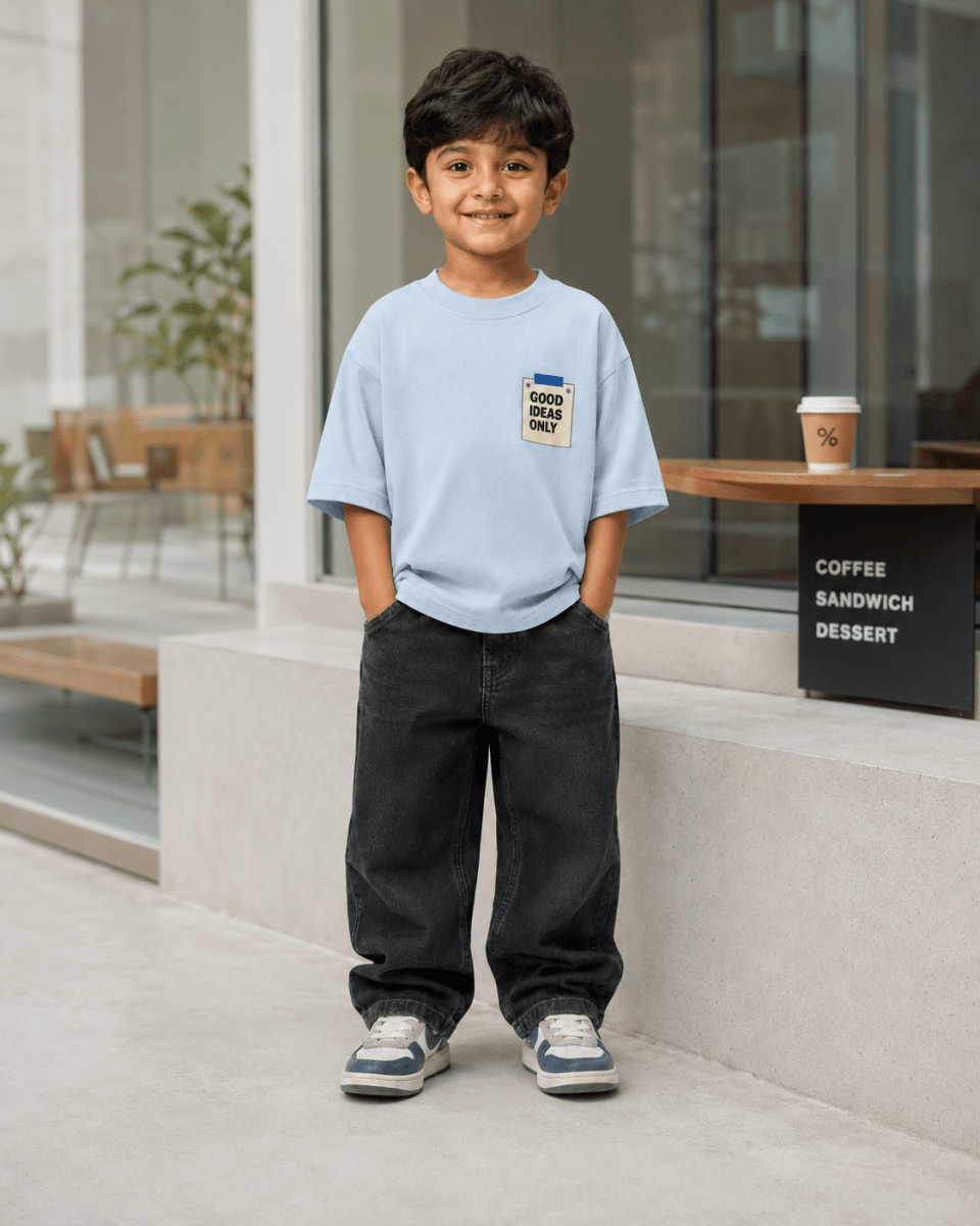 Boys oversized graphic t-shirt in sky blue, Good Ideas Only print, Bold Cub Korean streetwear - lifestyle shot