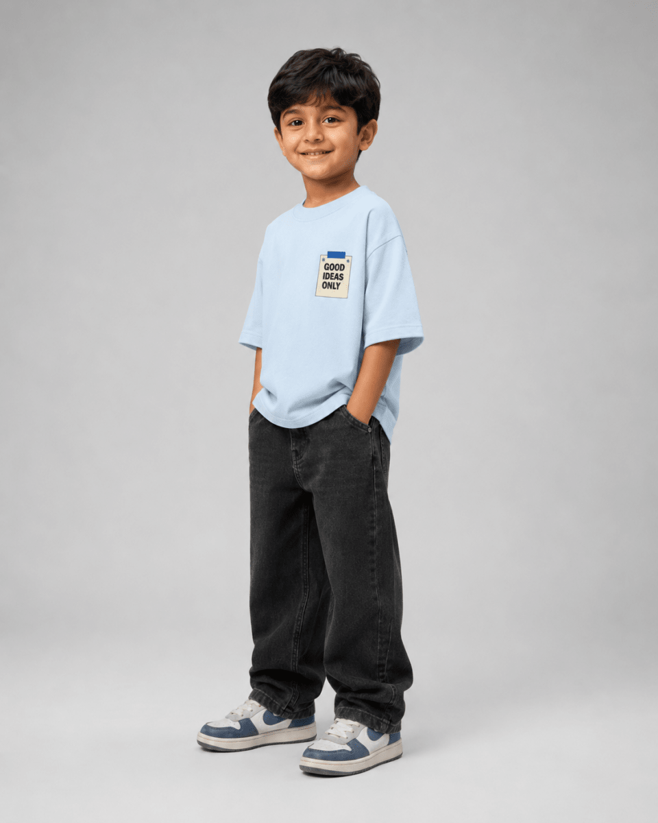 Boys oversized graphic t-shirt in sky blue, Good Ideas Only print, Bold Cub Korean streetwear - detail shot