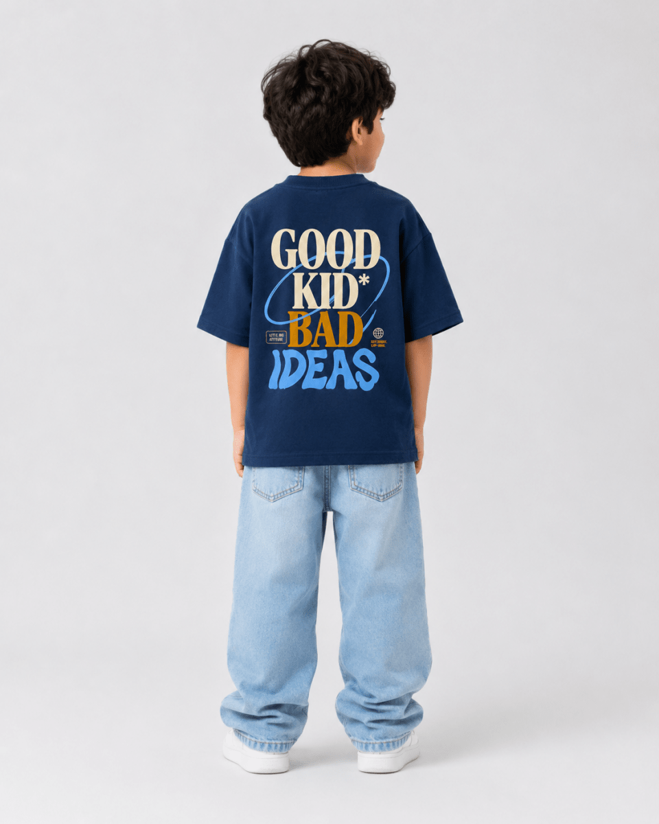 Boys oversized graphic t-shirt in navy blue, Good Kid Bad Ideas print, Bold Cub Korean streetwear - back