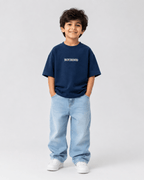 Boys oversized graphic t-shirt in navy blue, Good Kid Bad Ideas print, Bold Cub Korean streetwear - front