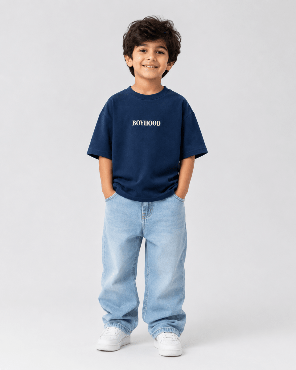 Boys oversized graphic t-shirt in navy blue, Good Kid Bad Ideas print, Bold Cub Korean streetwear - front