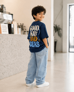 Boys oversized graphic t-shirt in navy blue, Good Kid Bad Ideas print, Bold Cub Korean streetwear - flat lay