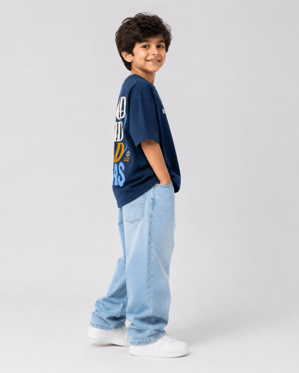 Boys oversized graphic t-shirt in navy blue, Good Kid Bad Ideas print, Bold Cub Korean streetwear - detail shot