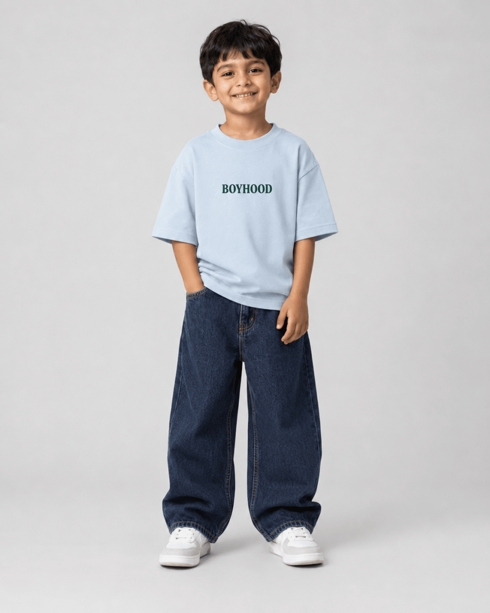 Boys oversized graphic t-shirt in sky blue, Good Kid Bad Ideas print, Bold Cub Korean streetwear - front