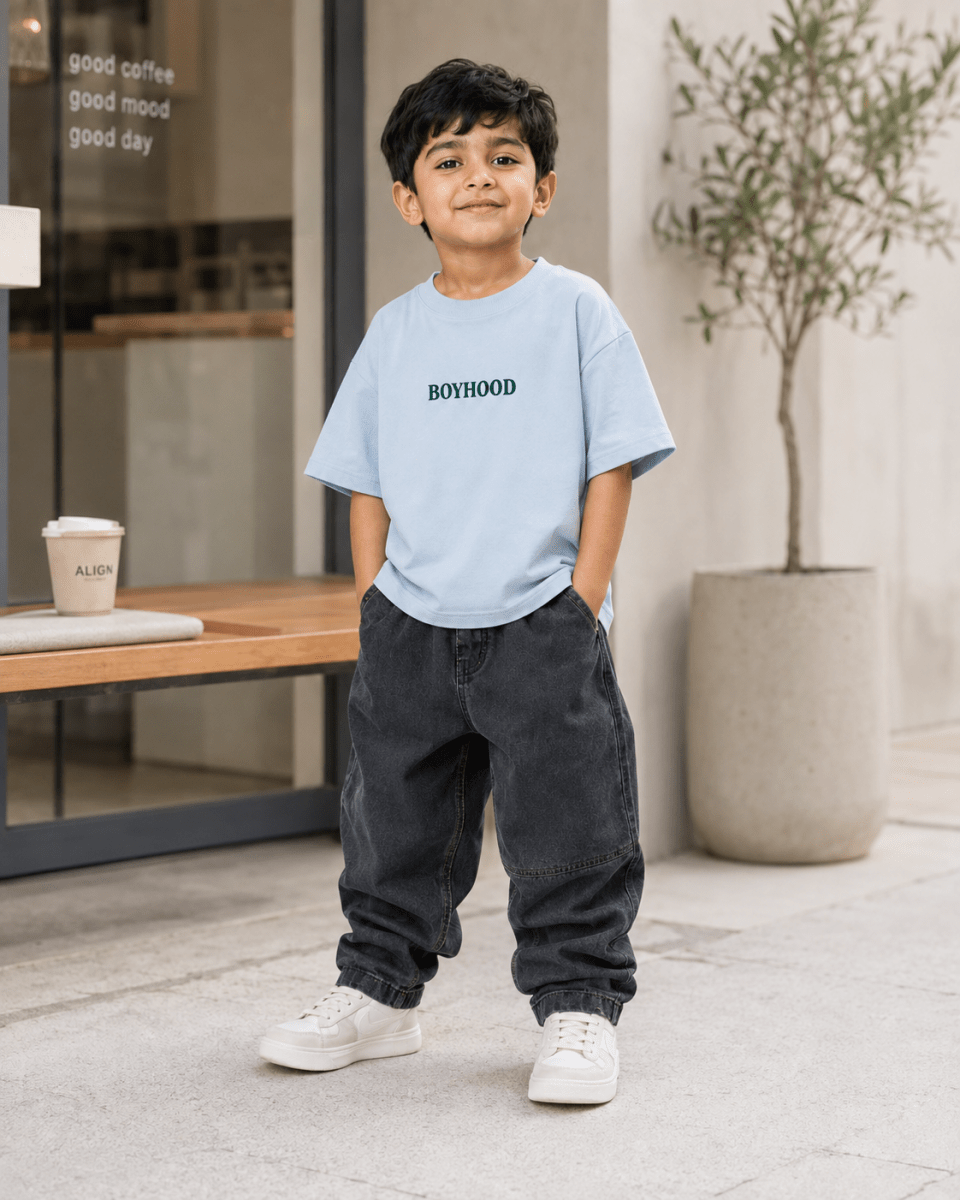 Boys oversized graphic t-shirt in sky blue, Good Kid Bad Ideas print, Bold Cub Korean streetwear - lifestyle shot