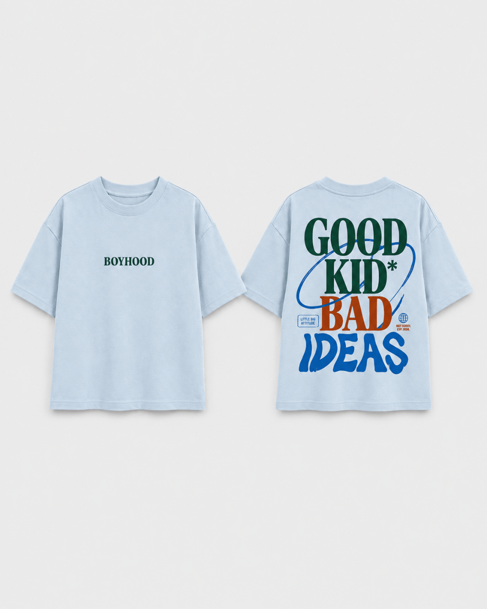 Boys oversized graphic t-shirt in sky blue, Good Kid Bad Ideas print, Bold Cub Korean streetwear - flat lay