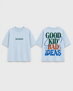 Boys oversized graphic t-shirt in sky blue, Good Kid Bad Ideas print, Bold Cub Korean streetwear - flat lay