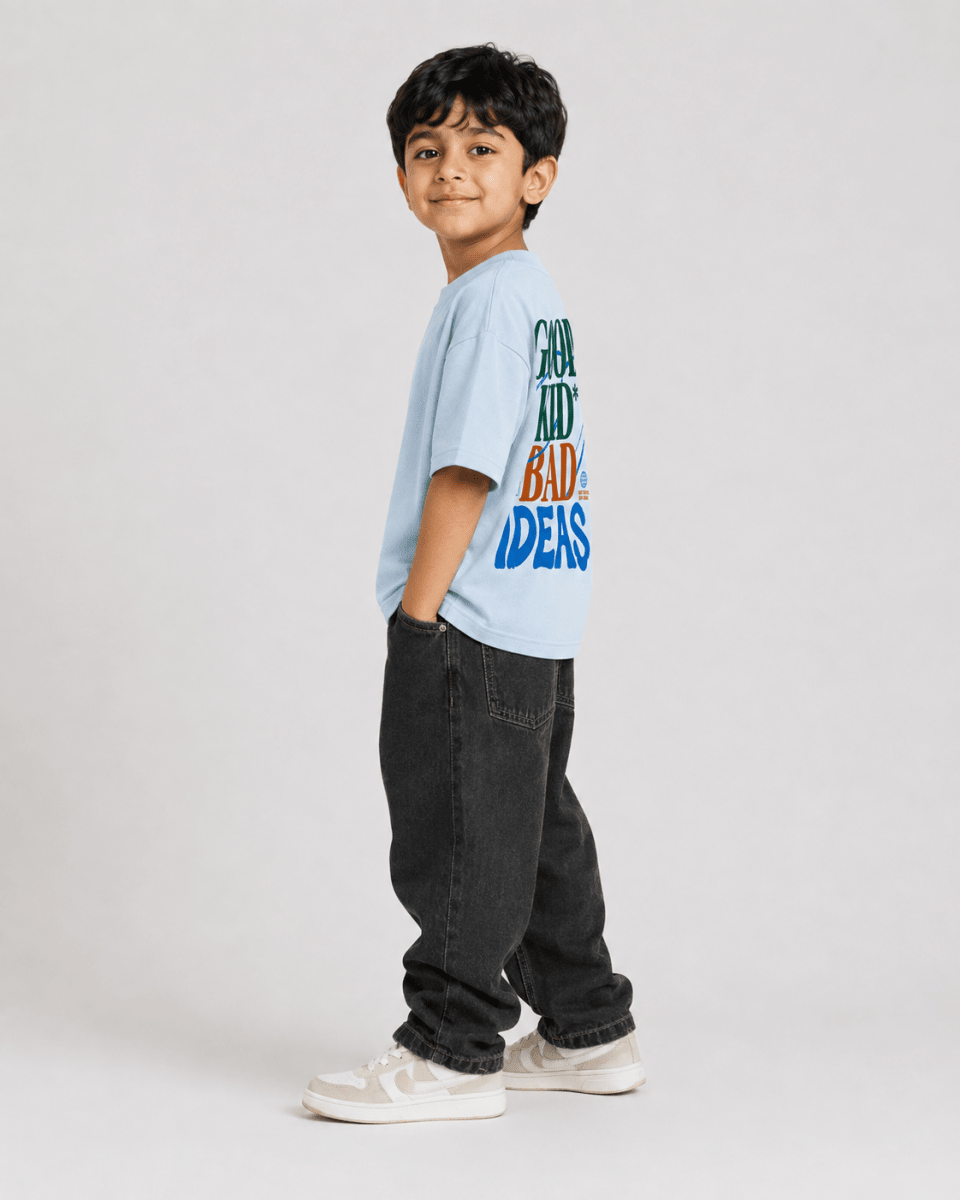 Boys oversized graphic t-shirt in sky blue, Good Kid Bad Ideas print, Bold Cub Korean streetwear - detail shot