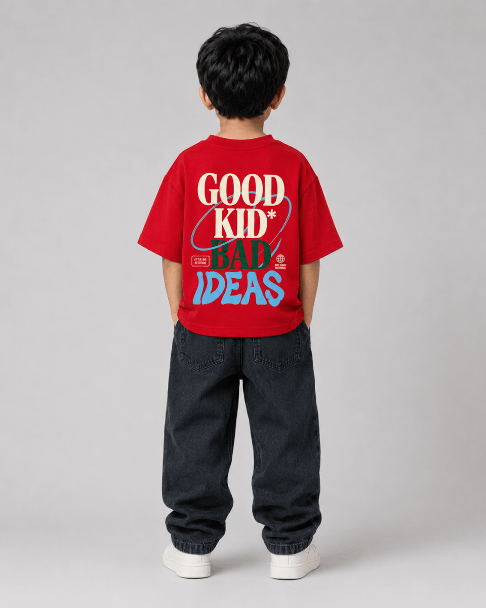 Boys oversized graphic t-shirt in red, Good Kid Bad Ideas print, Bold Cub Korean streetwear - back
