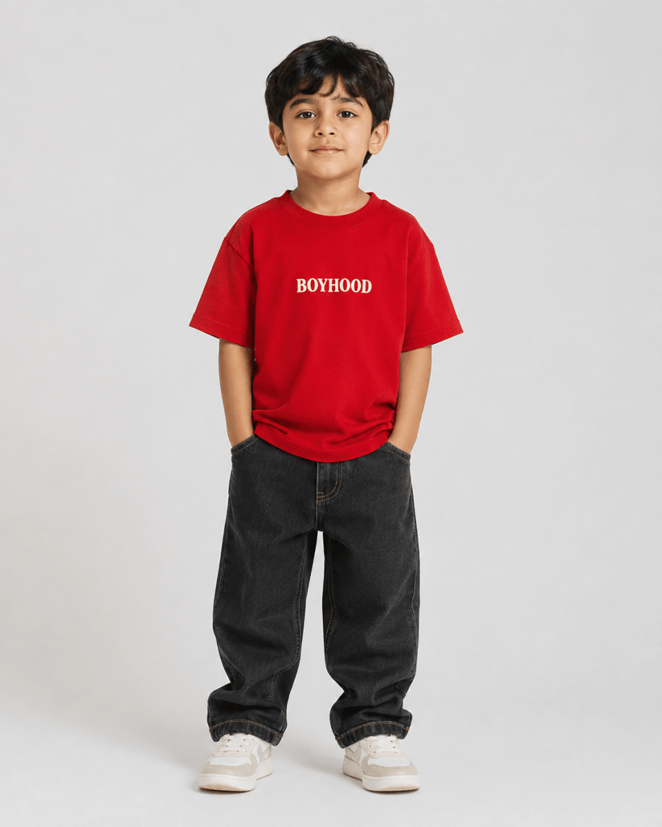 Boys oversized graphic t-shirt in red, Good Kid Bad Ideas print, Bold Cub Korean streetwear - front