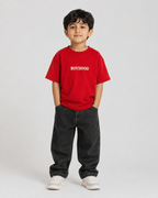 Boys oversized graphic t-shirt in red, Good Kid Bad Ideas print, Bold Cub Korean streetwear - front