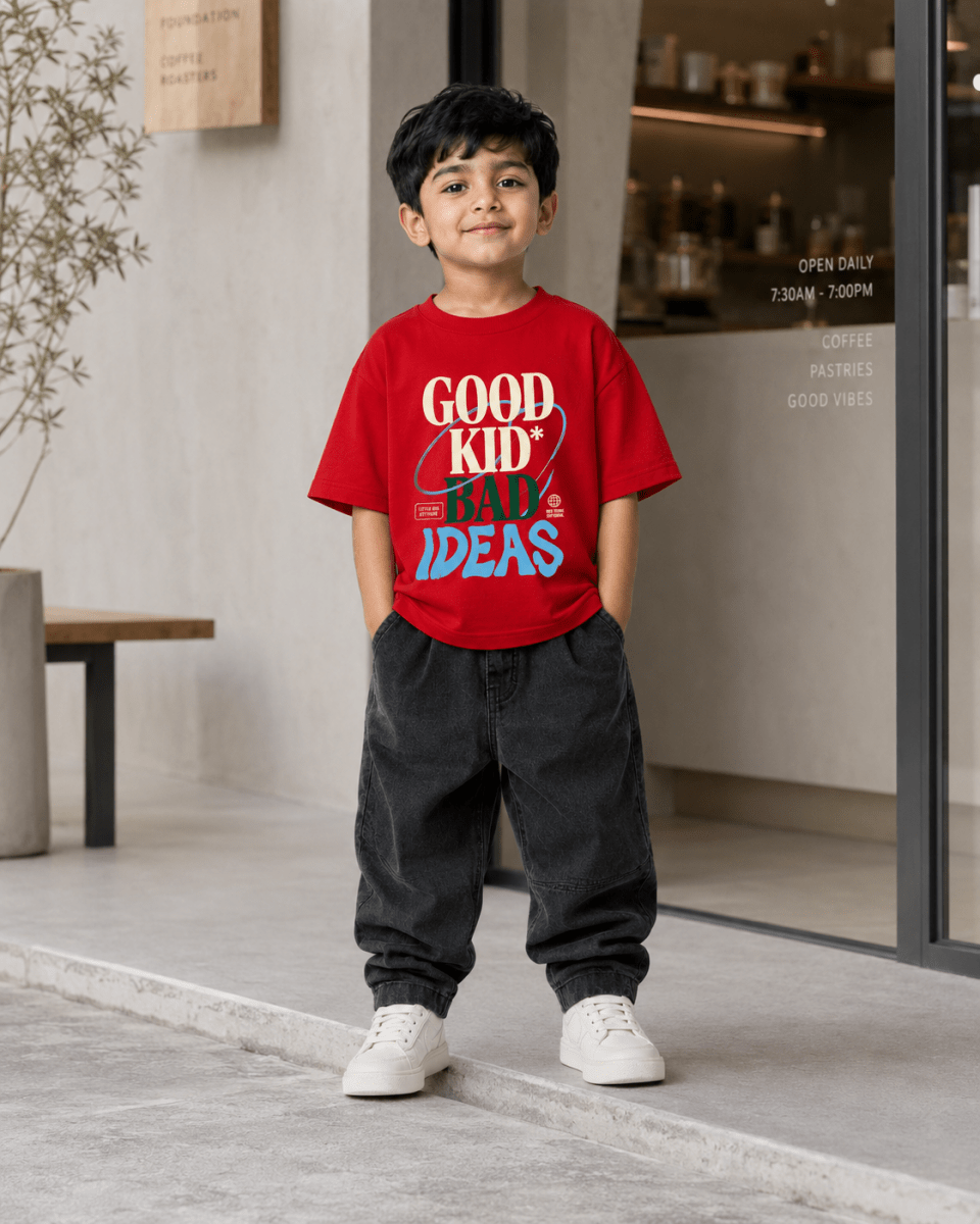 Boys oversized graphic t-shirt in red, Good Kid Bad Ideas print, Bold Cub Korean streetwear - lifestyle shot