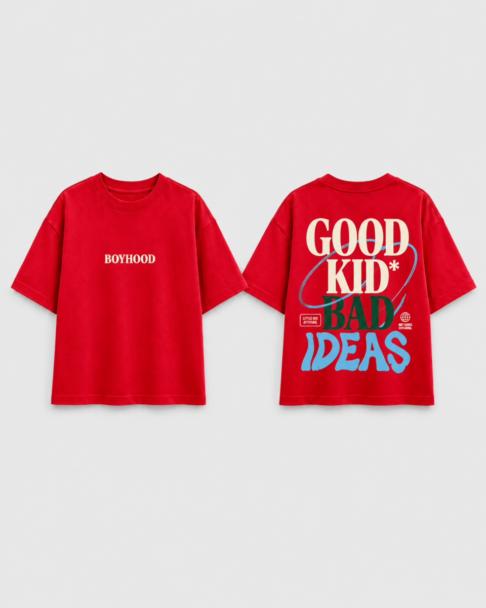 Boys oversized graphic t-shirt in red, Good Kid Bad Ideas print, Bold Cub Korean streetwear - flat lay