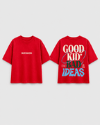 Boys oversized graphic t-shirt in red, Good Kid Bad Ideas print, Bold Cub Korean streetwear - flat lay