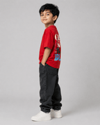 Boys oversized graphic t-shirt in red, Good Kid Bad Ideas print, Bold Cub Korean streetwear - detail shot