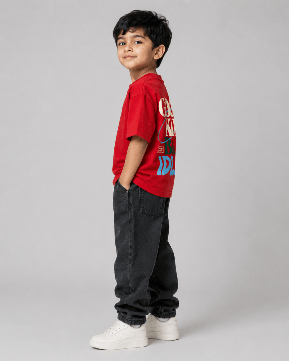 Boys oversized graphic t-shirt in red, Good Kid Bad Ideas print, Bold Cub Korean streetwear - detail shot