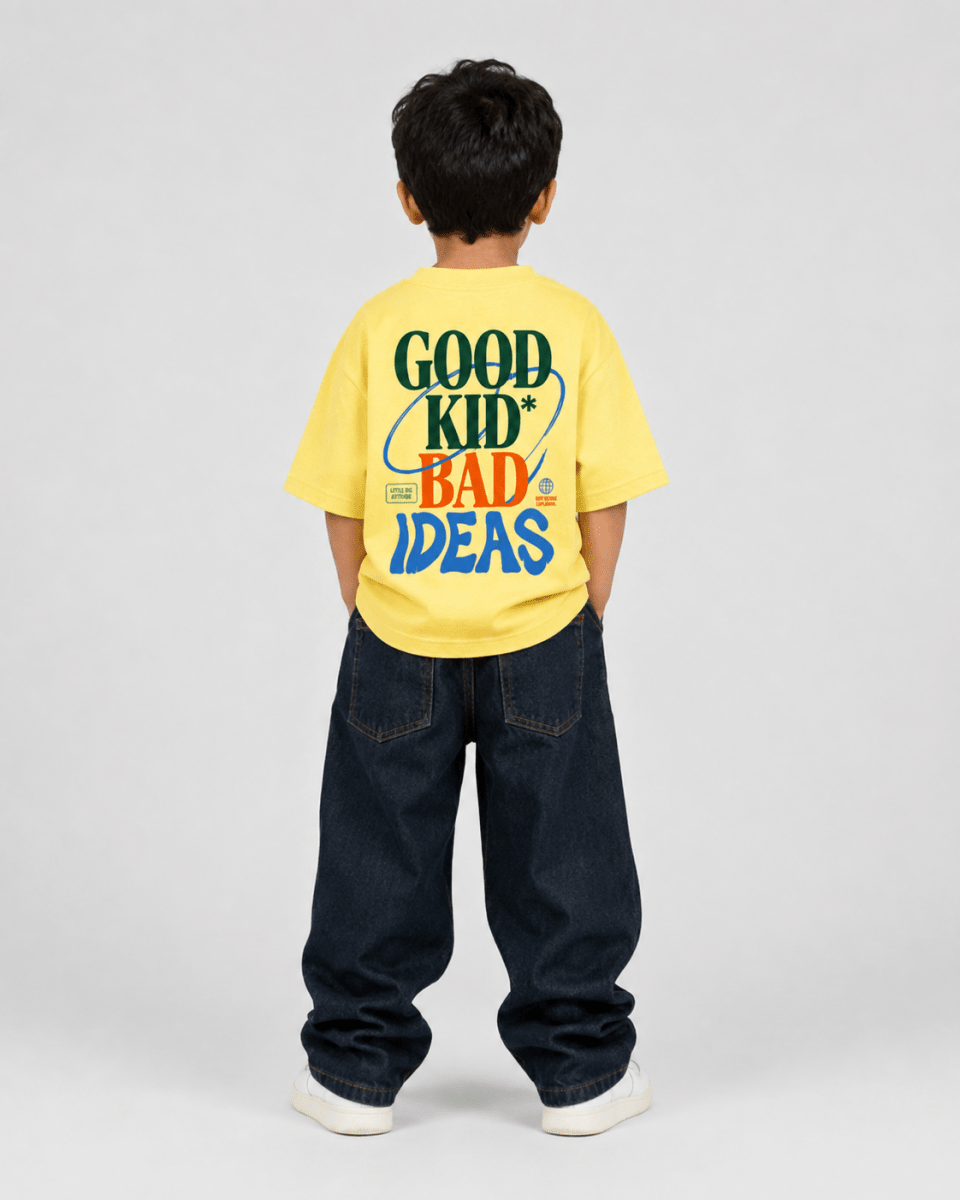 Boys oversized graphic t-shirt in pastel yellow, Good Kid Bad Ideas print, Bold Cub Korean streetwear - back