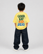 Boys oversized graphic t-shirt in pastel yellow, Good Kid Bad Ideas print, Bold Cub Korean streetwear - back