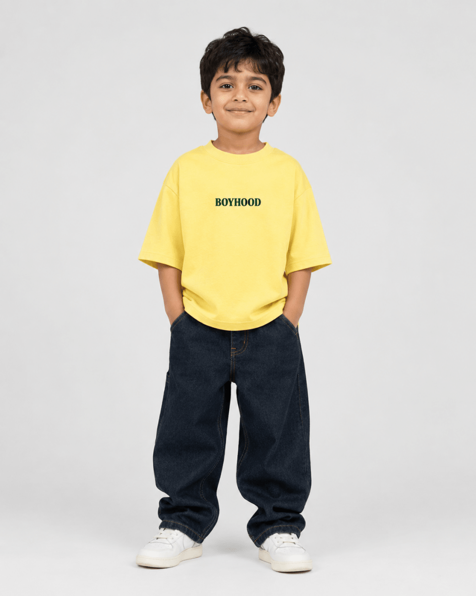 Boys oversized graphic t-shirt in pastel yellow, Good Kid Bad Ideas print, Bold Cub Korean streetwear - front
