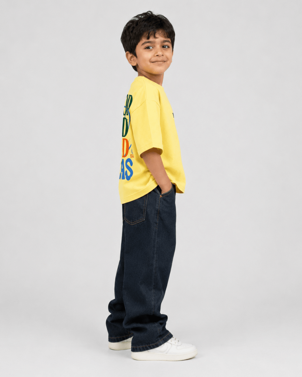 Boys oversized graphic t-shirt in pastel yellow, Good Kid Bad Ideas print, Bold Cub Korean streetwear - detail shot
