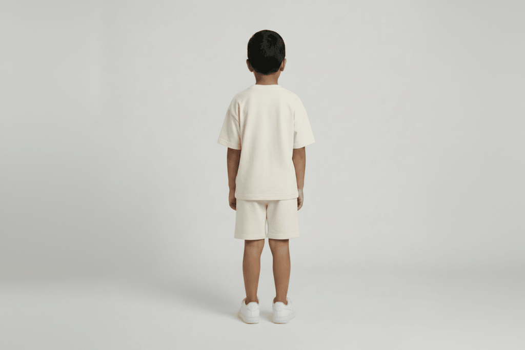 kid wearing a beige outfit on a plain background