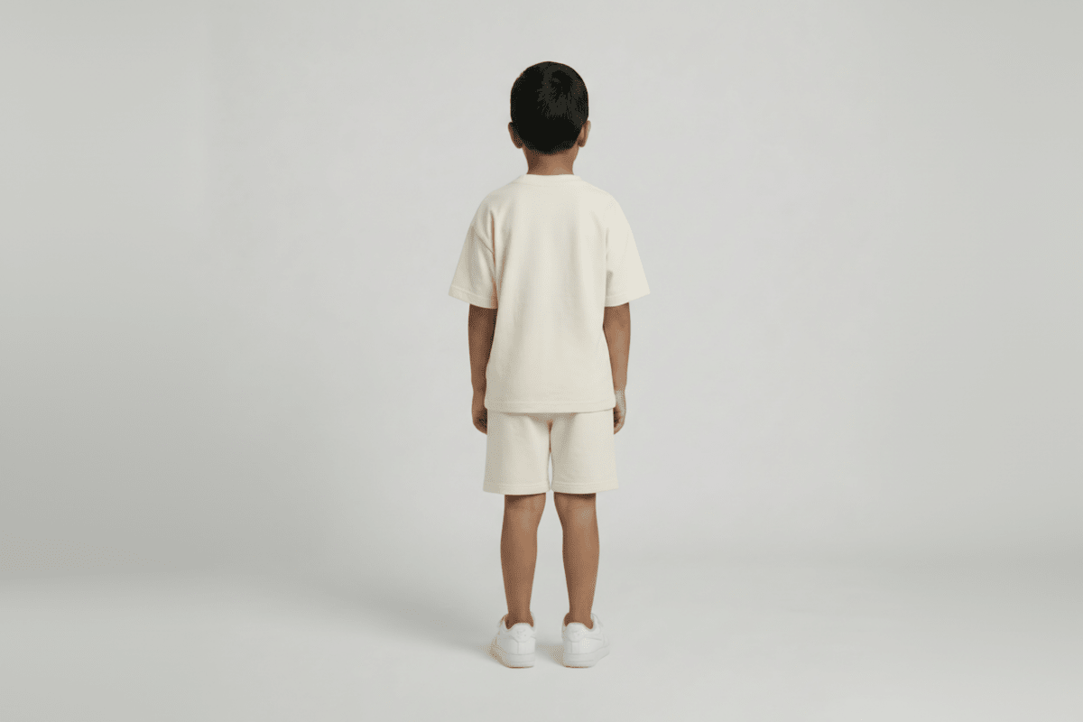 kid wearing a beige outfit on a plain background