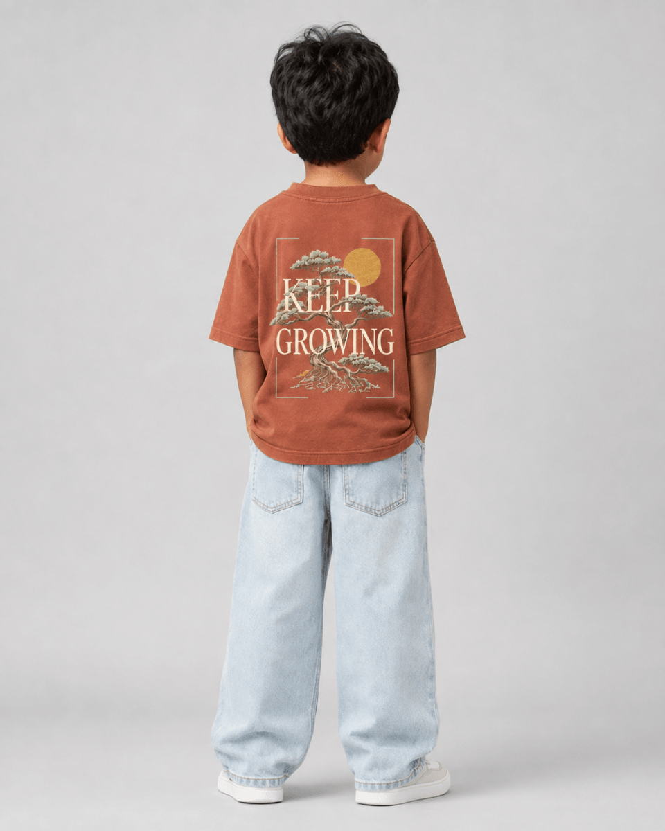 Boys oversized graphic t-shirt in Brown, Keep Growing print, Bold Cub Korean streetwear - back