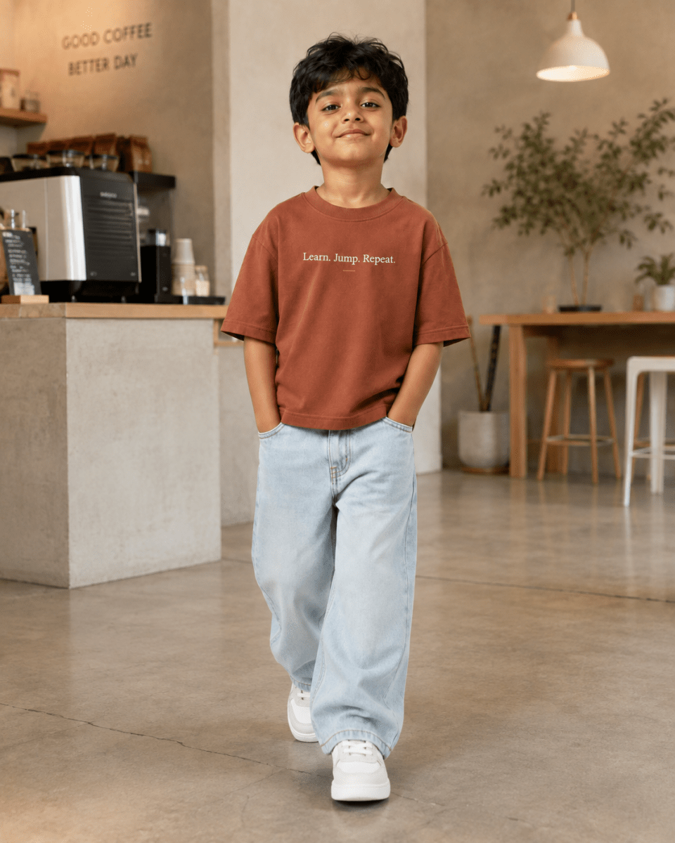 Boys oversized graphic t-shirt in Brown, Keep Growing print, Bold Cub Korean streetwear - lifestyle shot
