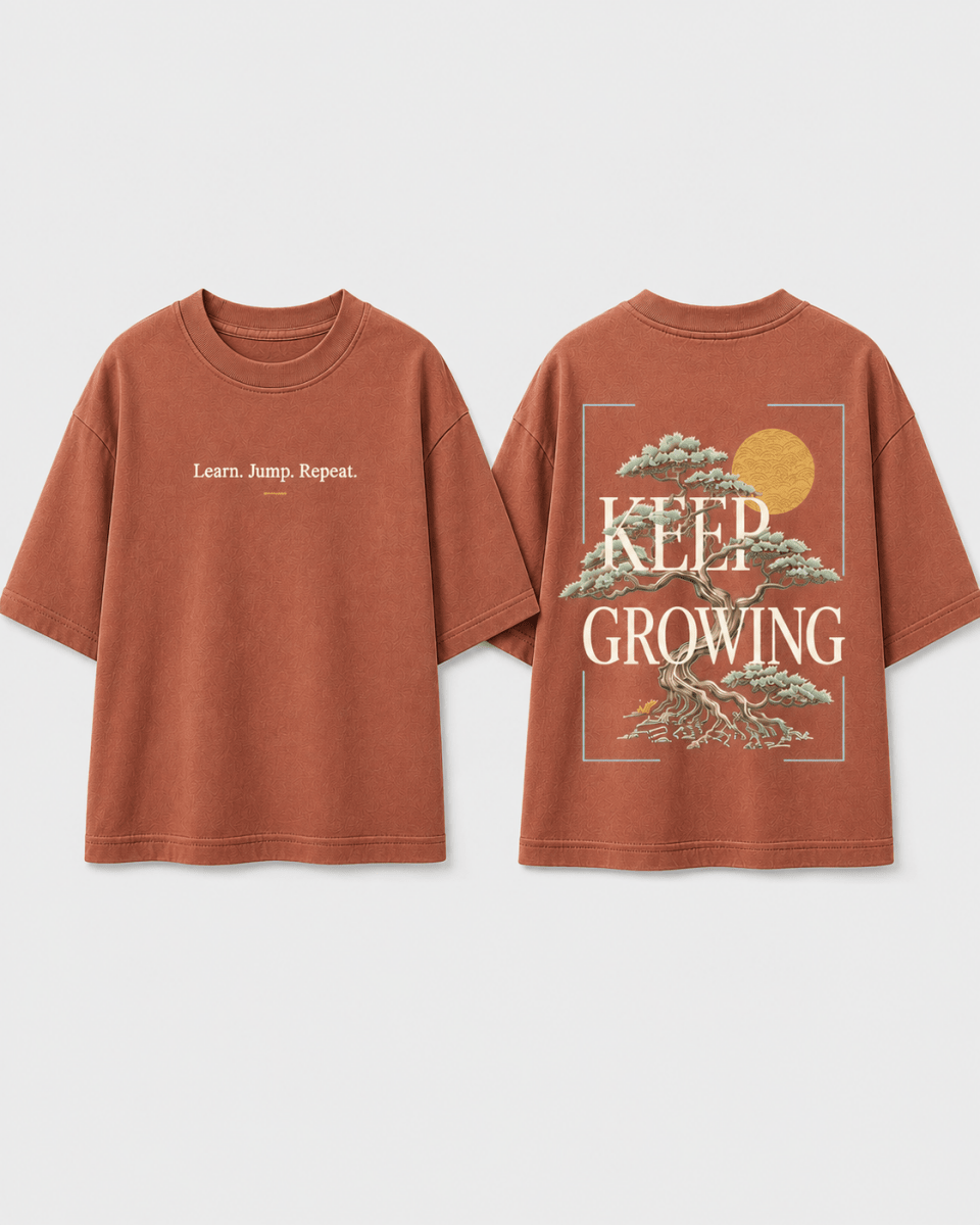 Boys oversized graphic t-shirt in Brown, Keep Growing print, Bold Cub Korean streetwear - flat lay