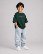 Boys oversized graphic t-shirt in emerald green, Keep Growing print, Bold Cub Korean streetwear - detail shot