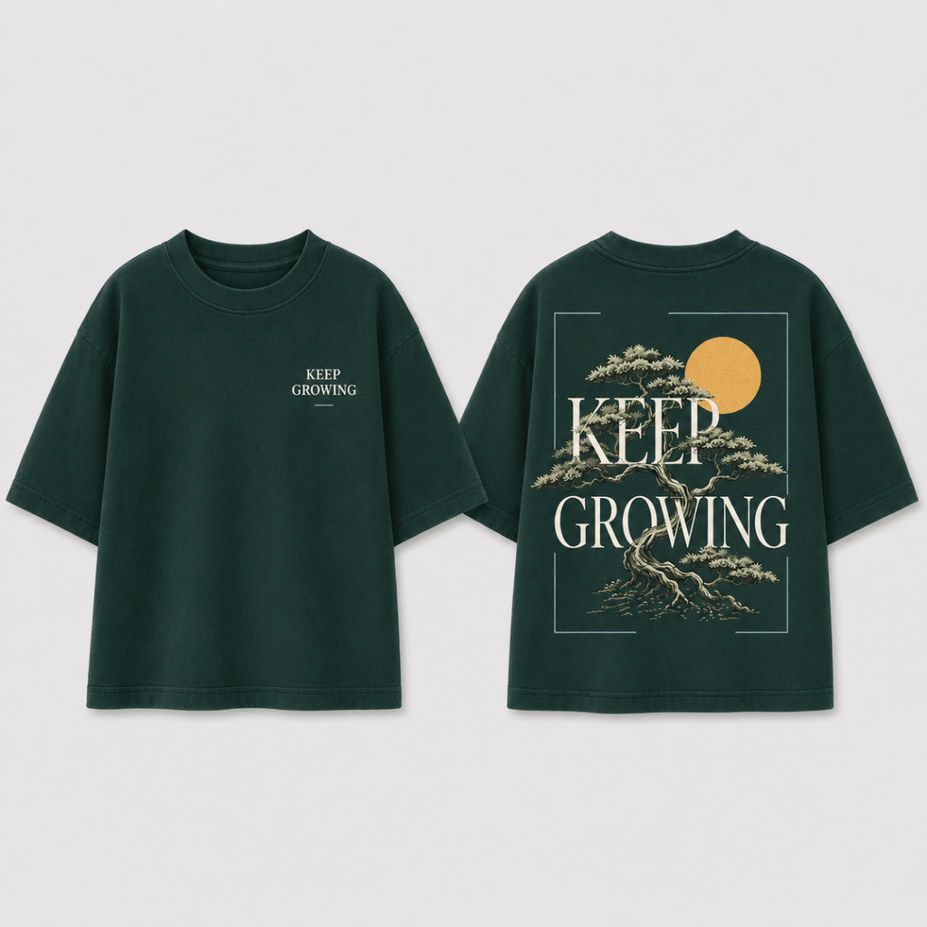 Boys oversized graphic t-shirt in emerald green, Keep Growing print, Bold Cub Korean streetwear - flat lay