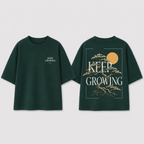 Boys oversized graphic t-shirt in emerald green, Keep Growing print, Bold Cub Korean streetwear - flat lay