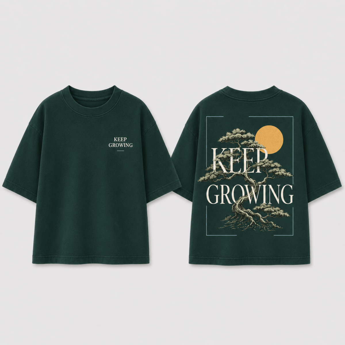 Boys oversized graphic t-shirt in emerald green, Keep Growing print, Bold Cub Korean streetwear - flat lay