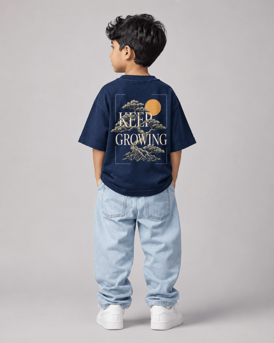 Boys oversized graphic t-shirt in navy blue, Keep Growing print, Bold Cub Korean streetwear - back