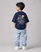 Boys oversized graphic t-shirt in navy blue, Keep Growing print, Bold Cub Korean streetwear - back