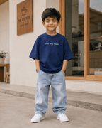 Boys oversized graphic t-shirt in navy blue, Keep Growing print, Bold Cub Korean streetwear - lifestyle shot
