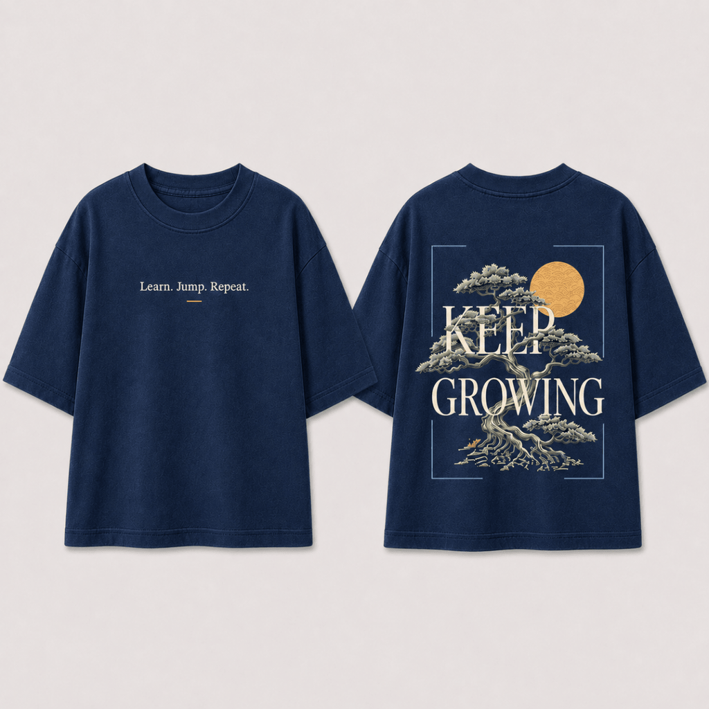 Boys oversized graphic t-shirt in navy blue, Keep Growing print, Bold Cub Korean streetwear - flat lay
