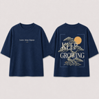 Boys oversized graphic t-shirt in navy blue, Keep Growing print, Bold Cub Korean streetwear - flat lay