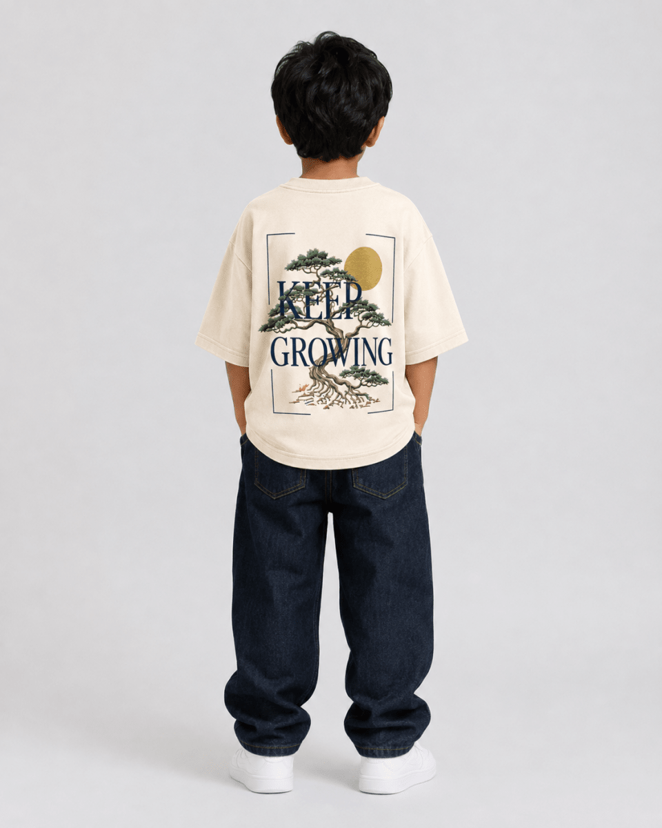 Boys oversized graphic t-shirt in off-white, Keep Growing print, Bold Cub Korean streetwear - back
