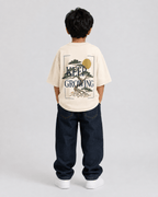 Boys oversized graphic t-shirt in off-white, Keep Growing print, Bold Cub Korean streetwear - back
