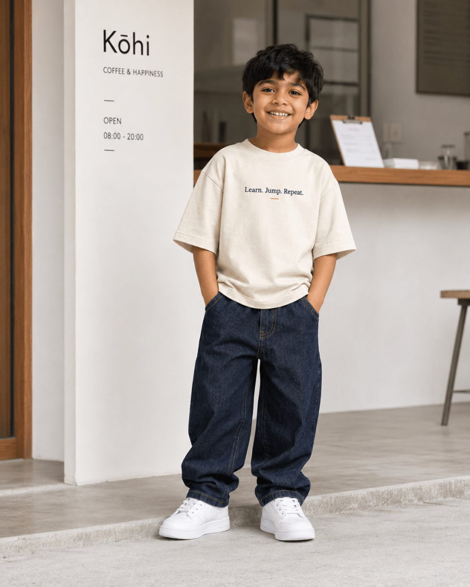 Boys oversized graphic t-shirt in off-white, Keep Growing print, Bold Cub Korean streetwear - lifestyle shot