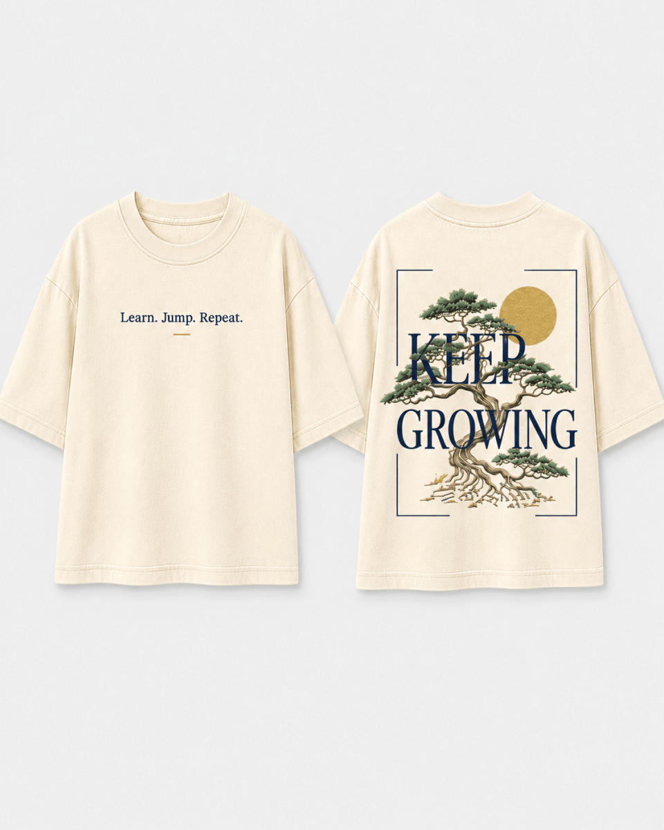 Boys oversized graphic t-shirt in off-white, Keep Growing print, Bold Cub Korean streetwear - flat lay